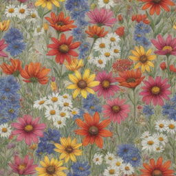 A lively and vibrant drawing of assorted wildflowers, each bloom bursting with a myriad of colors, creating a riotous, eye-catching display.