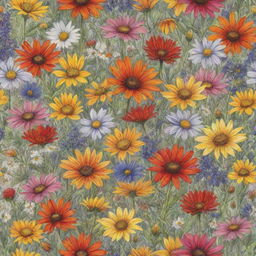 A lively and vibrant drawing of assorted wildflowers, each bloom bursting with a myriad of colors, creating a riotous, eye-catching display.