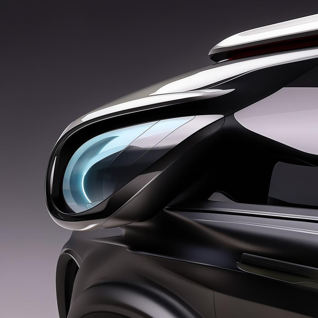 The driver's cabin side mirror of a 4-door, state-of-the-art futuristic SUV, characterized by its sleek design and advanced technology.