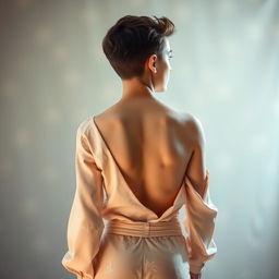 A visually striking composition featuring a boy captured from the shoulders down, showcasing a neat and feminine physique