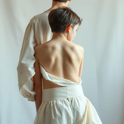 A visually striking composition featuring a boy captured from the shoulders down, showcasing a neat and feminine physique