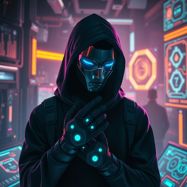 A black android hacker in a futuristic cyberpunk setting, surrounded by glowing screens and complex holographic interfaces, dressed in a sleek black hoodie and high-tech gloves, with neon blue and green light reflecting off his face