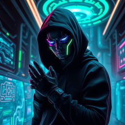 A black android hacker in a futuristic cyberpunk setting, surrounded by glowing screens and complex holographic interfaces, dressed in a sleek black hoodie and high-tech gloves, with neon blue and green light reflecting off his face