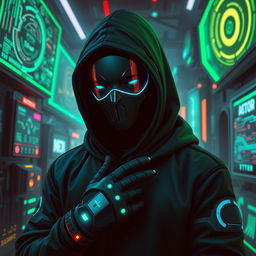 A black android hacker in a futuristic cyberpunk setting, surrounded by glowing screens and complex holographic interfaces, dressed in a sleek black hoodie and high-tech gloves, with neon blue and green light reflecting off his face