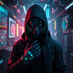 A black android hacker in a futuristic cyberpunk setting, surrounded by glowing screens and complex holographic interfaces, dressed in a sleek black hoodie and high-tech gloves, with neon blue and green light reflecting off his face