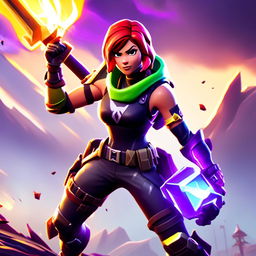 Digital art of a female Fortnite character in action pose with neon green helmet, fiery red hair, black and purple armor, holding an energy pickaxe against a stormy Fortnite landscape.