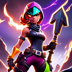 Digital art of a female Fortnite character in action pose with neon green helmet, fiery red hair, black and purple armor, holding an energy pickaxe against a stormy Fortnite landscape.