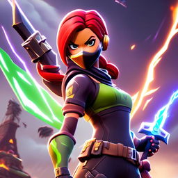 Digital art of a female Fortnite character in action pose with neon green helmet, fiery red hair, black and purple armor, holding an energy pickaxe against a stormy Fortnite landscape.