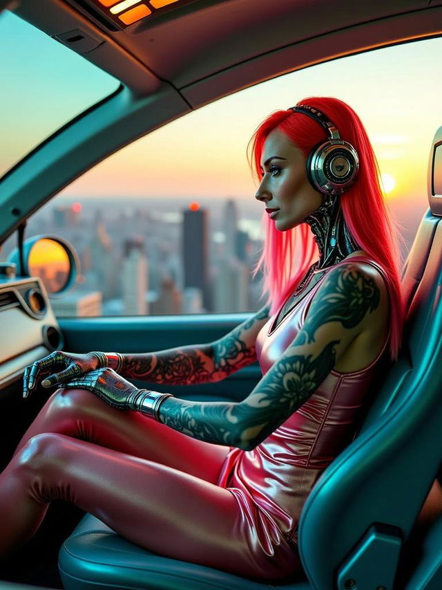 A captivating scene featuring a half cyborg woman with striking fading tattoos, seated in a large futuristic flying car