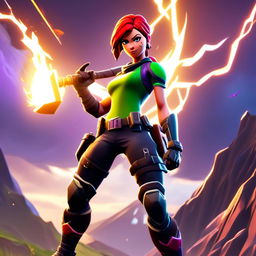 Digital art of a female Fortnite character in action pose with neon green helmet, fiery red hair, black and purple armor, holding an energy pickaxe against a stormy Fortnite landscape.