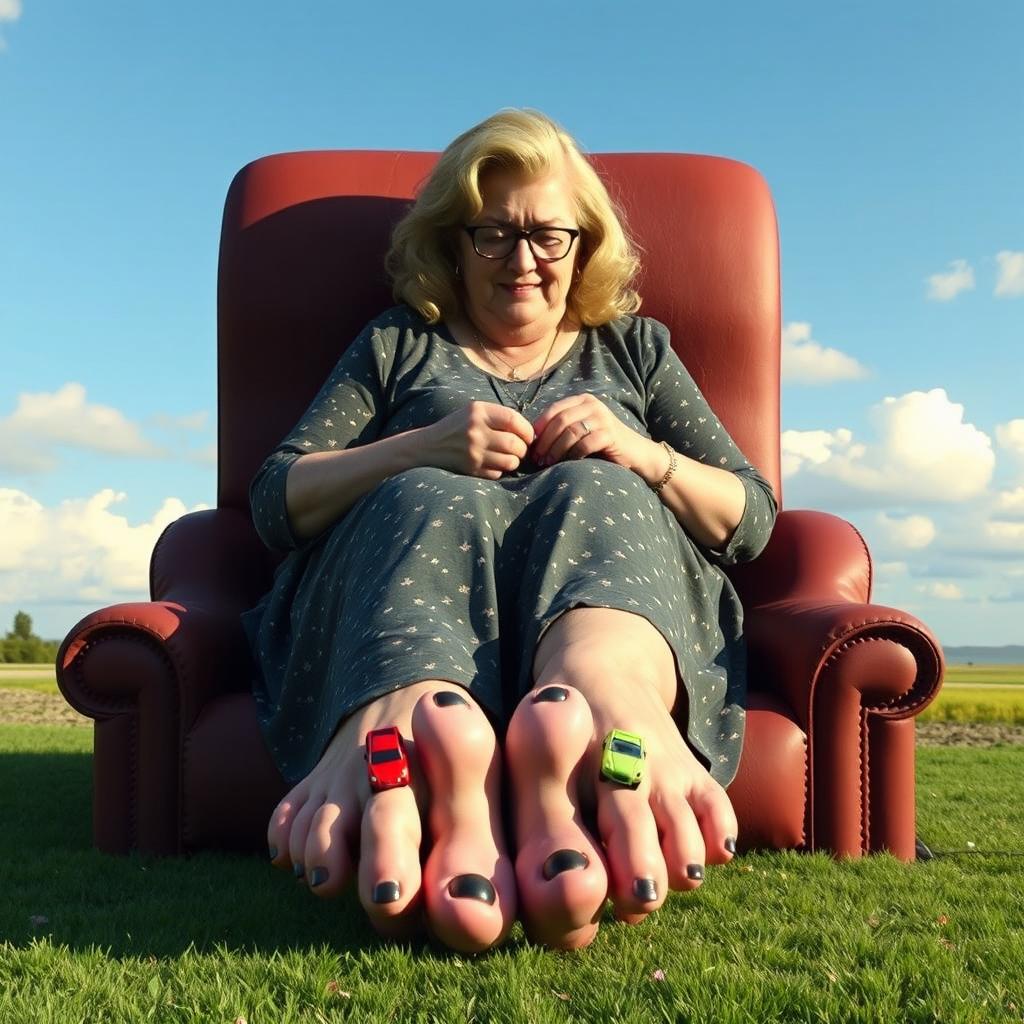 A giantess sitting comfortably, her towering figure casting a playful shadow over the landscape