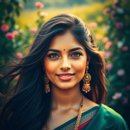 A stunning portrait of a beautiful Indian woman, celebrating her natural beauty and cultural richness