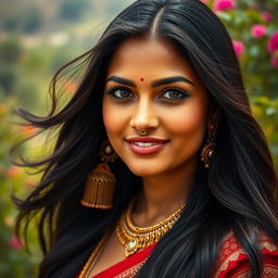 A stunning portrait of a beautiful Indian woman, celebrating her natural beauty and cultural richness