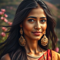 A stunning portrait of a beautiful Indian woman, celebrating her natural beauty and cultural richness