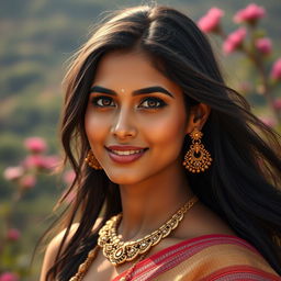 A stunning portrait of a beautiful Indian woman, celebrating her natural beauty and cultural richness
