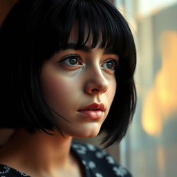 A reflective portrait of a 22-year-old Lebanese girl with black hair and short bangs, featuring larger, fuller lips, lost in thought