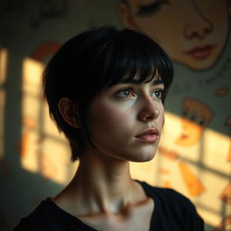 A reflective portrait of a 22-year-old Lebanese girl with black hair and short bangs, featuring larger, fuller lips, lost in thought