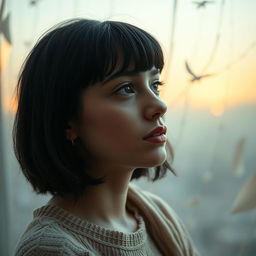 A reflective portrait of a 22-year-old Lebanese girl with black hair and short bangs, featuring larger, fuller lips, lost in thought