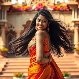 A stunning Indian woman with long flowing hair, wearing a vibrant, traditional saree that accentuates her curves