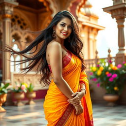 A stunning Indian woman with long flowing hair, wearing a vibrant, traditional saree that accentuates her curves