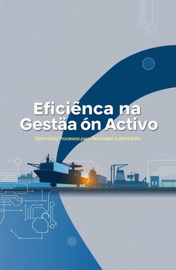 A professional book cover design for a business book titled 'Eficiência na Gestão de Ativos: Otimizando Processos para Resultados Sustentáveis', featuring FPSOs (Floating Production Storage and Offloading units) and locomotives as central elements
