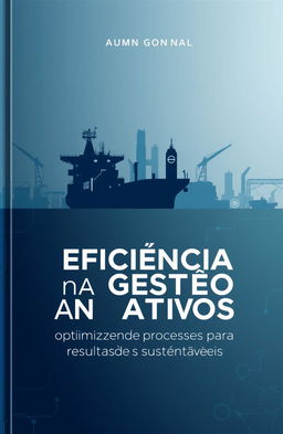 A professional book cover design for a business book titled 'Eficiência na Gestão de Ativos: Otimizando Processos para Resultados Sustentáveis', featuring FPSOs (Floating Production Storage and Offloading units) and locomotives as central elements