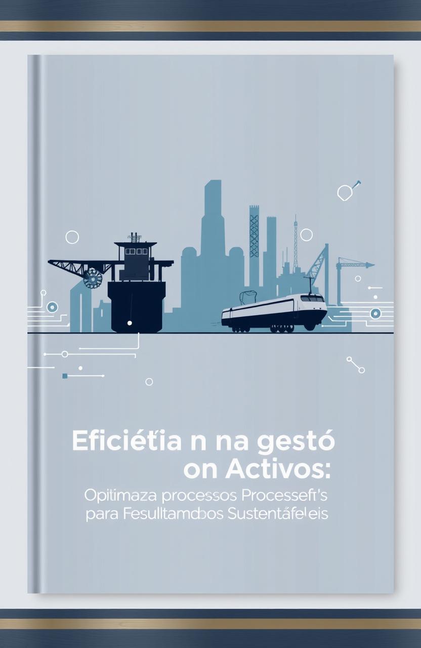 A professional book cover design for a business book titled 'Eficiência na Gestão de Ativos: Otimizando Processos para Resultados Sustentáveis', featuring FPSOs (Floating Production Storage and Offloading units) and locomotives as central elements