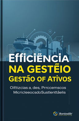 A professional book cover design for a business book titled 'Eficiência na Gestão de Ativos: Otimizando Processos para Resultados Sustentáveis', featuring FPSOs (Floating Production Storage and Offloading units) and locomotives as central elements