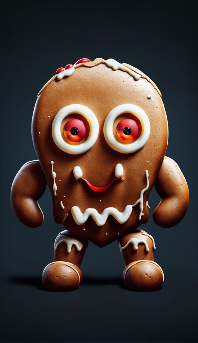 A traditional cookie cutter-shaped angry gingerbread man with narrowed licorice eyes and a frowning mouth made of white icing stands against a gradient blue background.