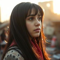 A reflective portrait of a 22-year-old Arab girl with long black hair and bangs, featuring notably larger, fuller lips, lost in thought