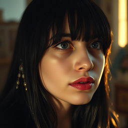 A reflective portrait of a 22-year-old Arab girl with long black hair and bangs, featuring notably larger, fuller lips, lost in thought