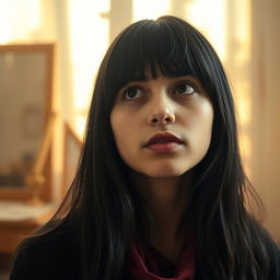A reflective portrait of a 22-year-old Arab girl with long black hair and bangs, featuring notably larger, fuller lips, lost in thought