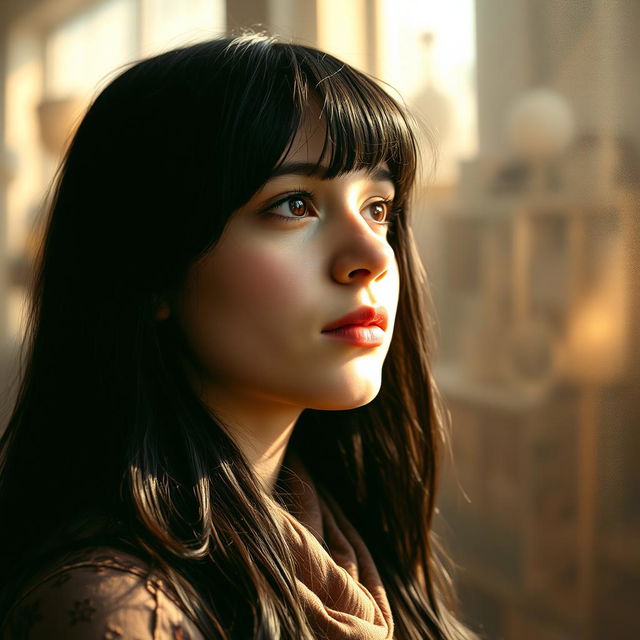 A reflective portrait of a 22-year-old Arab girl with long black hair and bangs, featuring notably larger, fuller lips, lost in thought