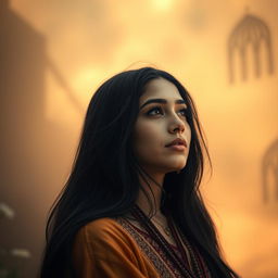 A stunning portrait of a beautiful Arab girl, 22 years old, with long, flowing black hair and prominently fuller lips, lost in a moment of contemplation