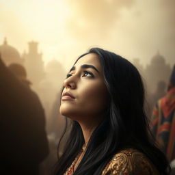 A stunning portrait of a beautiful Arab girl, 22 years old, with long, flowing black hair and prominently fuller lips, lost in a moment of contemplation