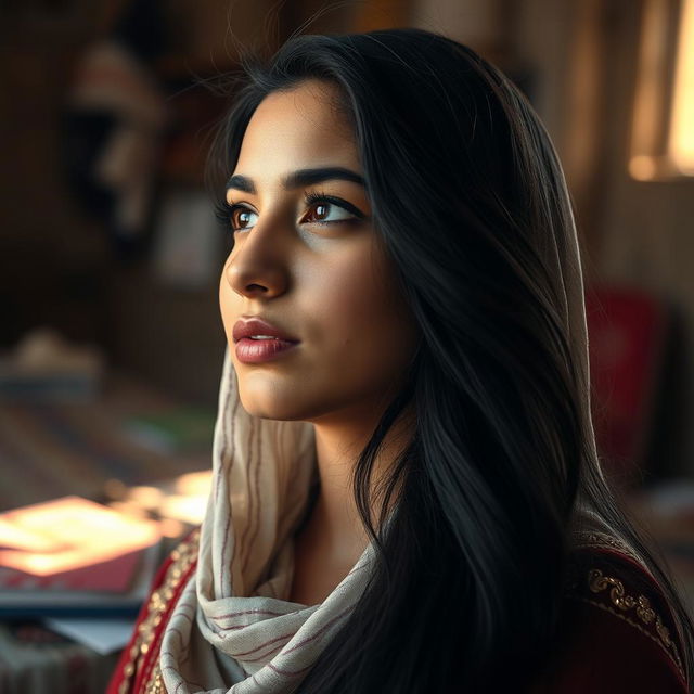 A stunning portrait of a beautiful Arab girl, 22 years old, with long, flowing black hair and prominently fuller lips, lost in a moment of contemplation