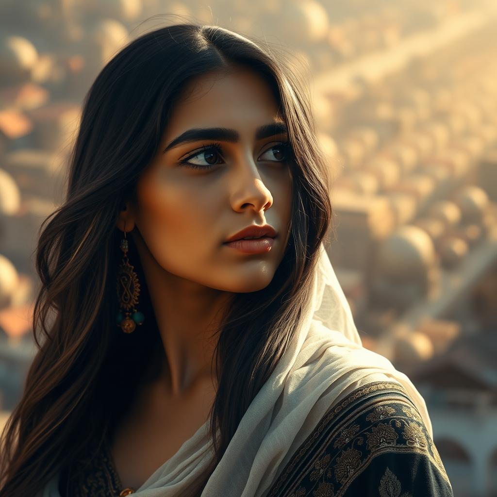 A stunning portrait of a beautiful Arab girl, 22 years old, with long, flowing black hair and prominently fuller lips, lost in a moment of contemplation