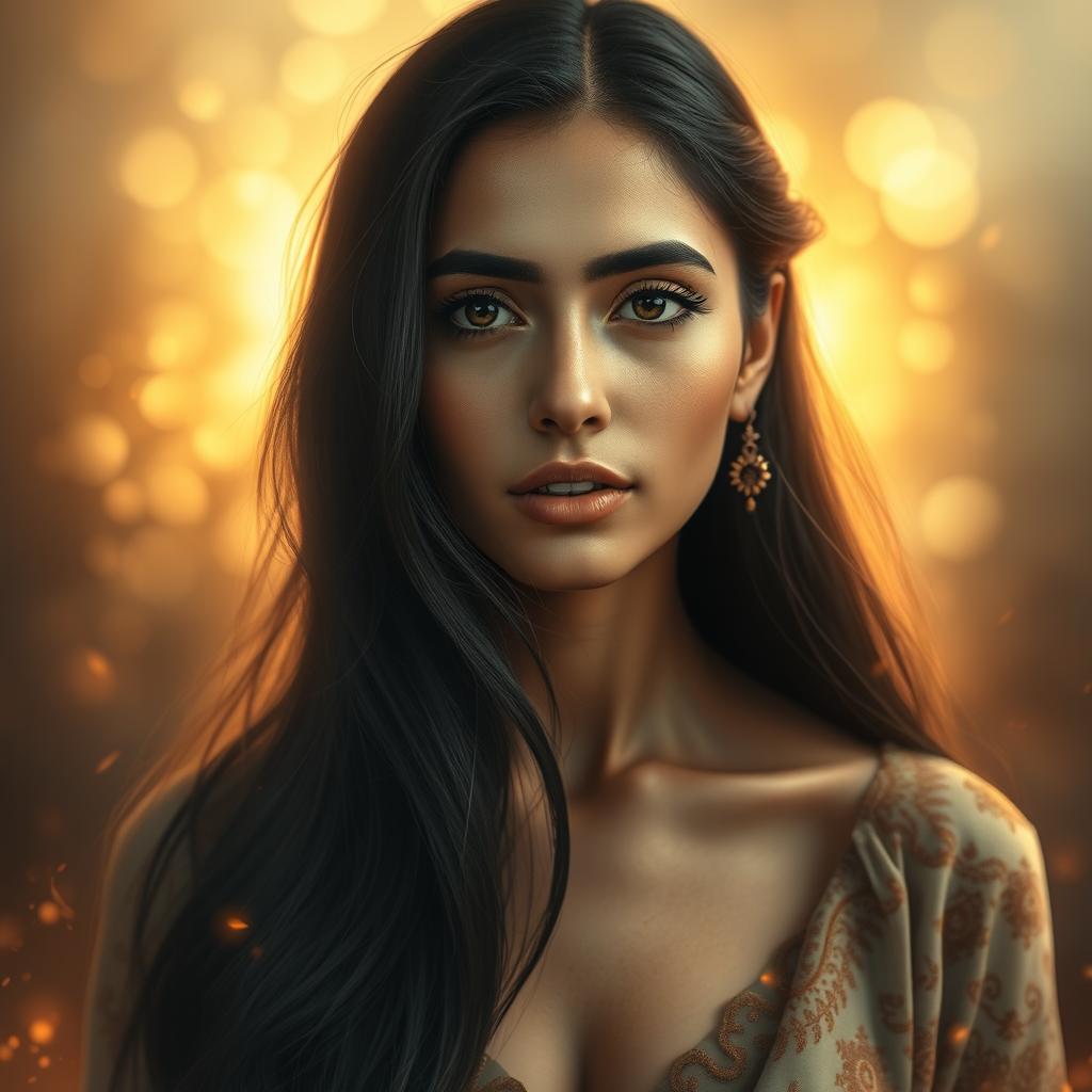 An enchanting and striking portrait of a 22-year-old Arab woman with long, flowing black hair and notably larger, luscious lips, radiating beauty and allure