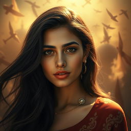 An enchanting and striking portrait of a 22-year-old Arab woman with long, flowing black hair and notably larger, luscious lips, radiating beauty and allure