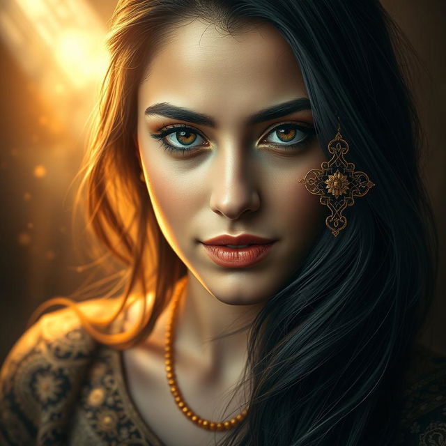 An enchanting and striking portrait of a 22-year-old Arab woman with long, flowing black hair and notably larger, luscious lips, radiating beauty and allure