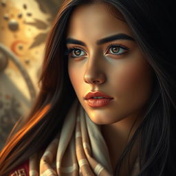 A captivating portrait of a 22-year-old Arab girl with long, flowing black hair, featuring noticeably larger, fuller lips and strikingly sharp eyes with elegantly arched eyebrows that enhance her beauty and intensity