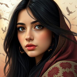 A captivating portrait of a 22-year-old Arab girl with long, flowing black hair, featuring noticeably larger, fuller lips and strikingly sharp eyes with elegantly arched eyebrows that enhance her beauty and intensity