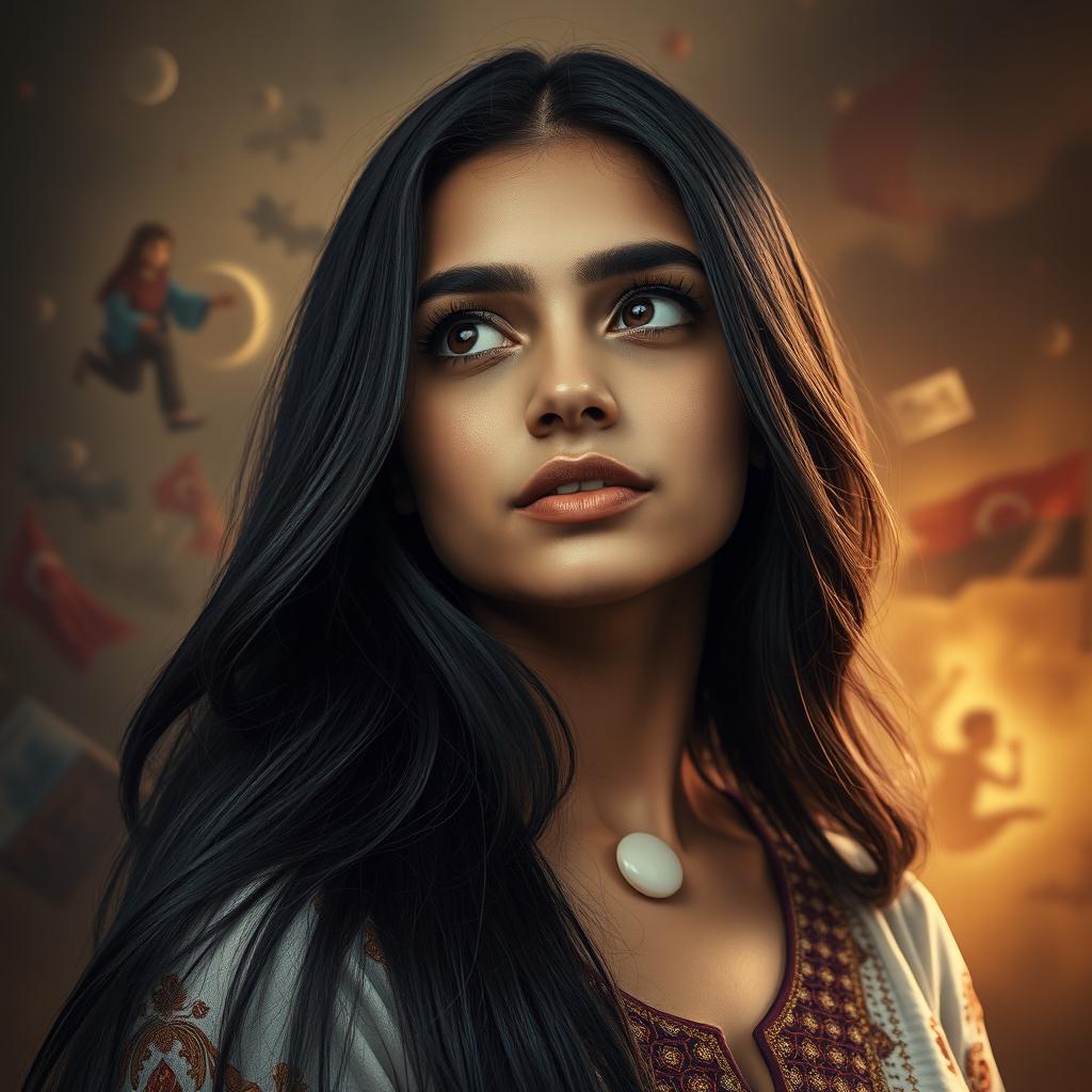 A captivating portrait of a 22-year-old Arab girl with long, flowing black hair, featuring noticeably larger, fuller lips and strikingly sharp eyes with elegantly arched eyebrows that enhance her beauty and intensity