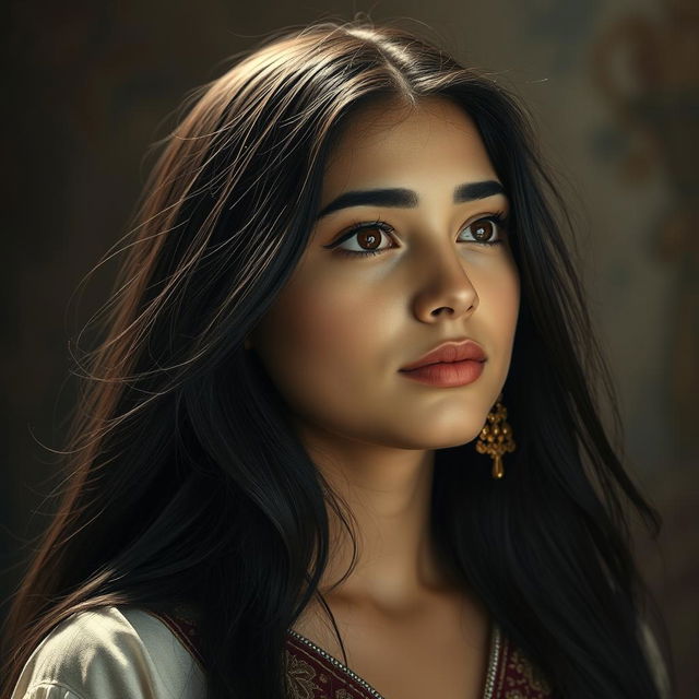 A captivating portrait of a 22-year-old Arab girl with long, flowing black hair, featuring noticeably larger, fuller lips and strikingly sharp eyes with elegantly arched eyebrows that enhance her beauty and intensity