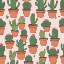 A repeated pattern illustration of charmingly drawn cacti in pots, showcasing a variety of shapes and sizes, each with its unique prickles and blooms.