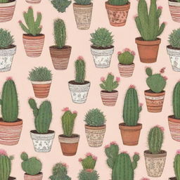 A repeated pattern illustration of charmingly drawn cacti in pots, showcasing a variety of shapes and sizes, each with its unique prickles and blooms.