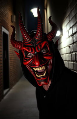 A mysterious man wearing an elaborate devil mask, his face contorted in laughter, creating a surreal and unsettling atmosphere
