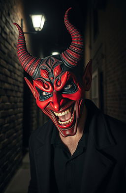A mysterious man wearing an elaborate devil mask, his face contorted in laughter, creating a surreal and unsettling atmosphere