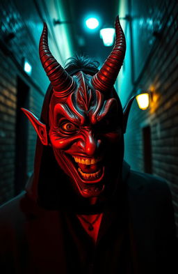 A mysterious man wearing an elaborate devil mask, his face contorted in laughter, creating a surreal and unsettling atmosphere