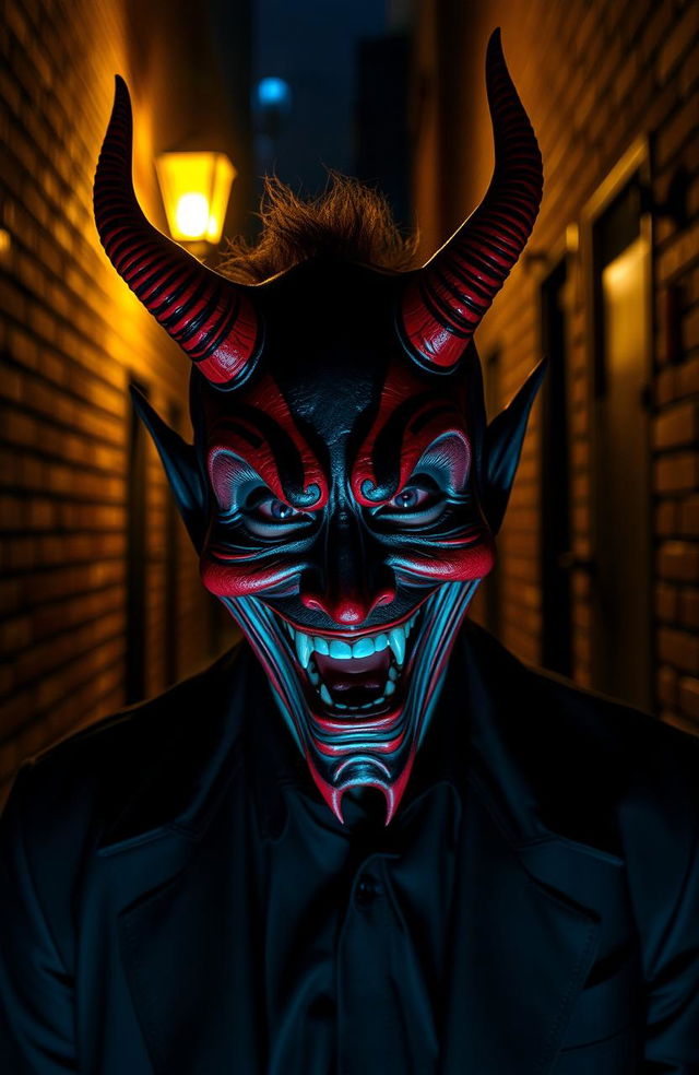 A mysterious man wearing an elaborate devil mask, his face contorted in laughter, creating a surreal and unsettling atmosphere